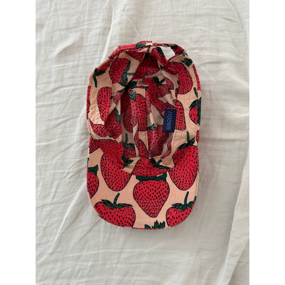 BAGGU Strawberry Print Baseball Cap Pink Red Organic Cotton Adjustable Hat RARE - Picture 6 of 7